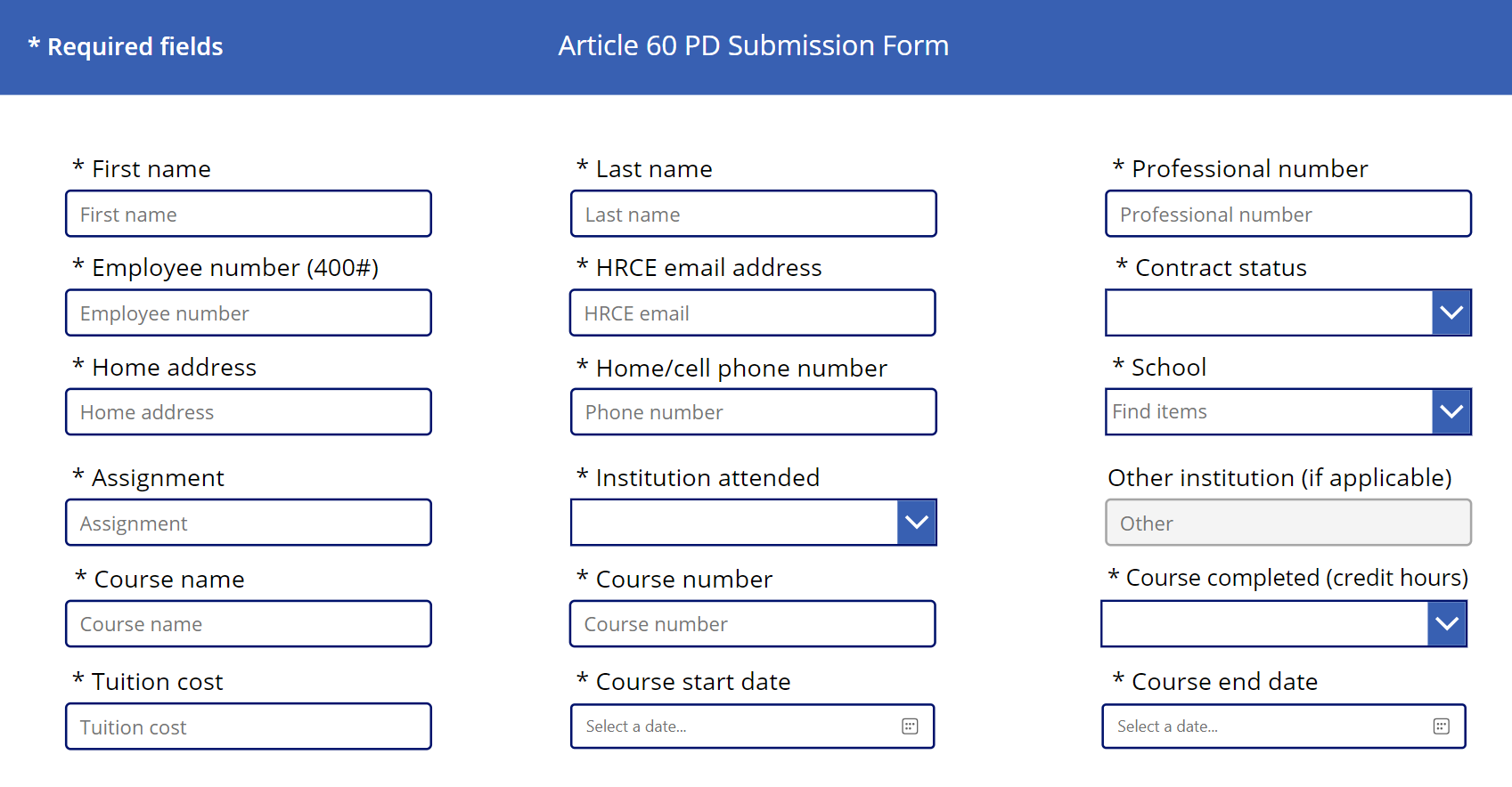 Screenshot of a form I made for the HRCE